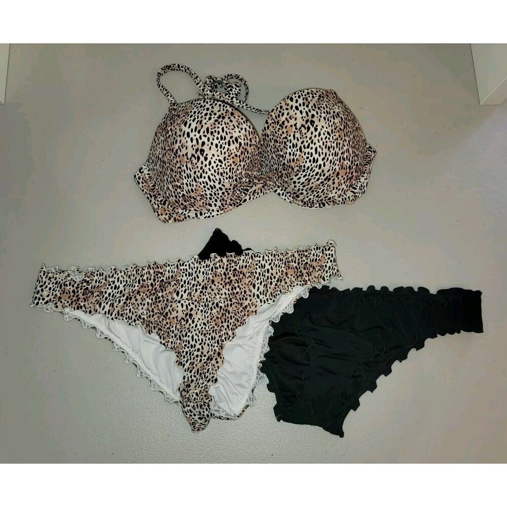 Shade & Shore Womens Sz 34D/M 3 Pc Cheetah Bikini Swimsuit Strappy Ruffle Cheeky